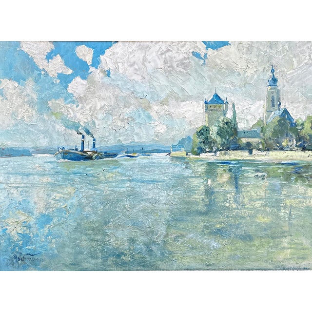 Blue Impressionistic View of Eltville am Rhein by Rheingau Artist Willy Holtmann, 1930 For Sale - Image 8 of 12