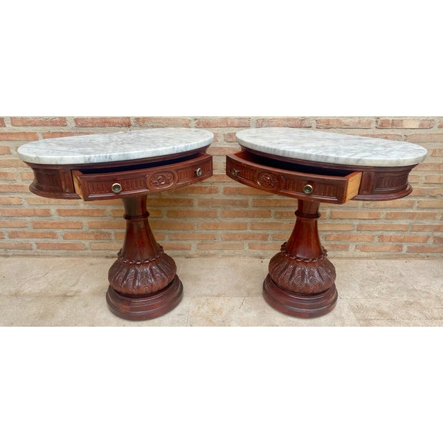 French Provincial Carved Wood Demi Lune Nightstands with Marble Top, 1940, Set of 2 For Sale - Image 3 of 18