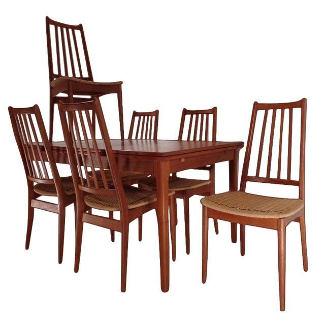 Dyrlund Danish Modern Teak Dining Table & 6 Cord Chairs ...