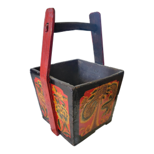 19th Century Primitive Hand-Painted Antique Chinese Wooden Water Bucket – Decorative Folk Art With Dragon & Floral Motifs