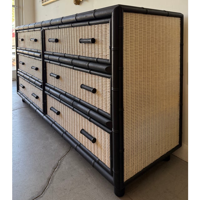 Faux Bamboo & Rattan British Colonial Style 6 Drawer Double Dresser For Sale In Miami - Image 6 of 9