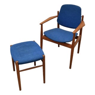 Mid Century Modern Danish Teak Model 203 Armchair + Ottoman by Arne Vodder for France & Daverkosen, C. 1960's For Sale