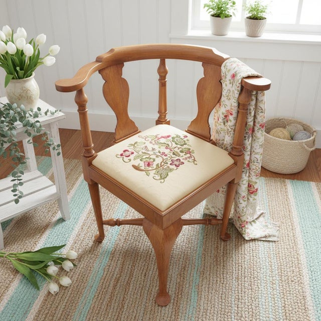 Beige Virginia Craftsmen Corner Chair-Handstitched Crewel Seat-Colonial Style-Cottage For Sale - Image 8 of 11