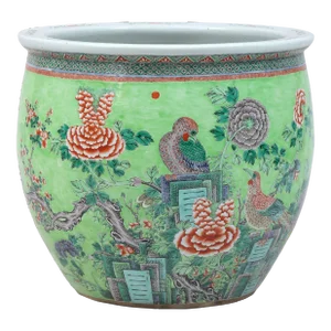 Large Antique 19th Century Chinese Export Famille Rose Porcelain Fish Bowl or Jardiniere Planter in Lime Green