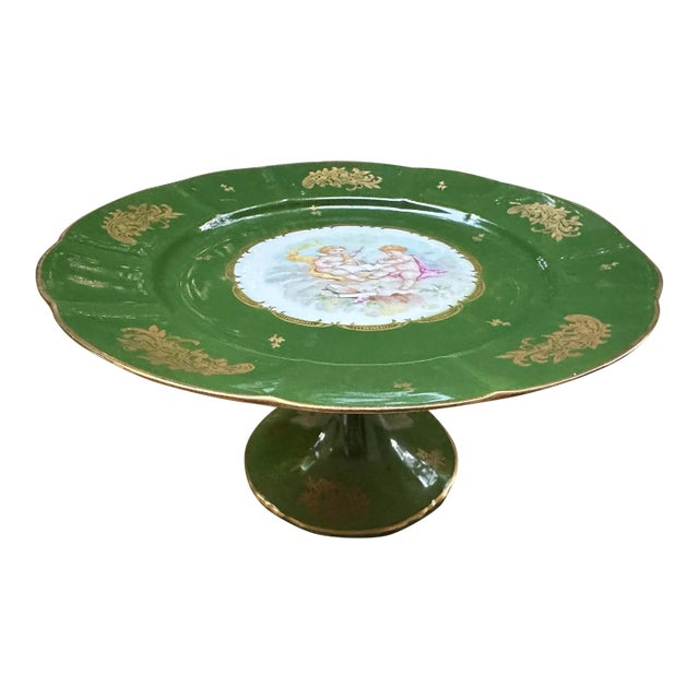 Vintage French Hand Painted Cherubs Gold Gilt Pedestal Green Porcelain Cake Plate Stand For Sale