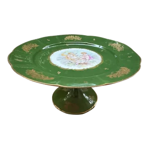 Vintage French Hand Painted Cherubs Gold Gilt Pedestal Green Porcelain Cake Plate Stand