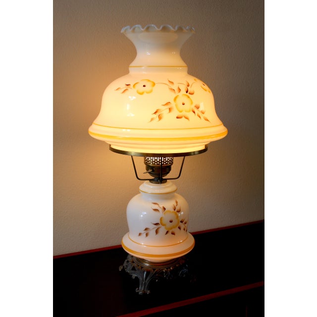 Vintage “Gone With the Wind” Milk Glass Dresser Lamp - Hand-Painted Florals, Brass Base For Sale - Image 4 of 12