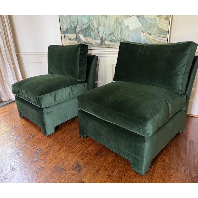 1990s Pair of Vintage Large Scale David Sutherland Slipper Chairs W/ Down Cushions Newly Upholstered in Forest Green Velvet For Sale - Image 4 of 10