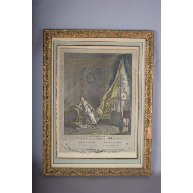 Le Boudoir, a French hand-colored engraving after J. Freudenberg, engraved by P. Malœuvre. Both names and the date 1774...