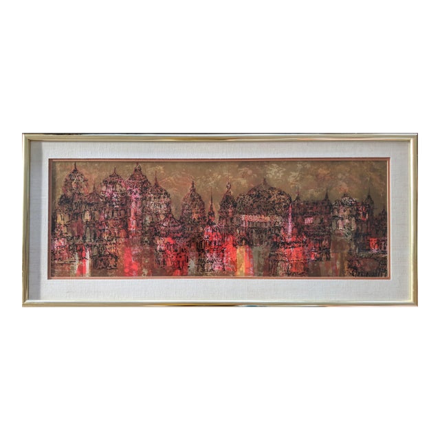 Buddhist Temple Citiscape Gold Silk Screen Print For Sale