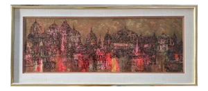 Buddhist Temple Citiscape Gold Silk Screen Print