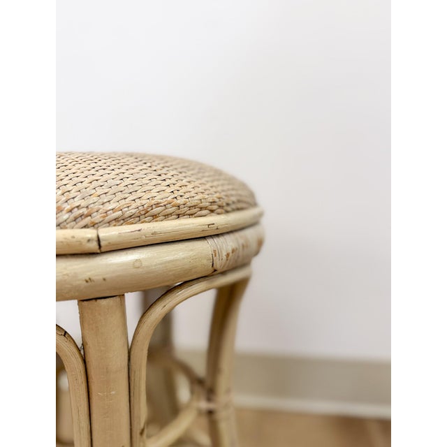 Wood Vintage Lightwash Rattan Stool Woven Wicker Seat Coastal Hollywood Regency For Sale - Image 7 of 7