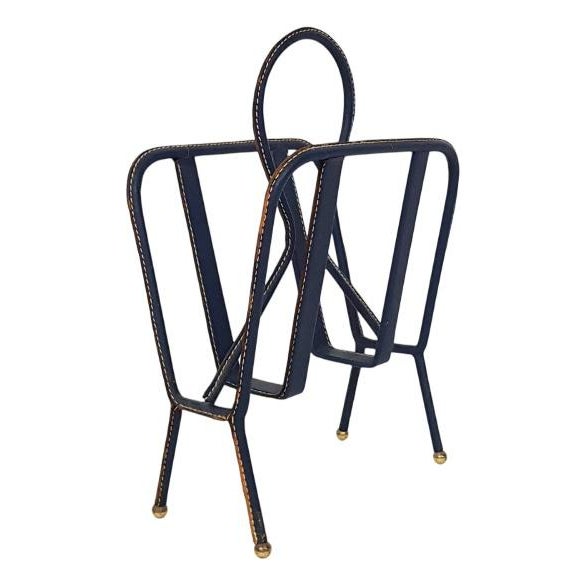 Magazine Stand in Stitched Blue Leather by Jacques Adnet, France, 1950s For Sale - Image 10 of 10