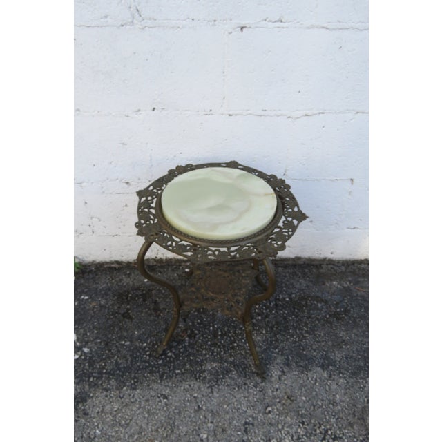 Late 19th Century Victorian Onyx Stone Top Brass Finish Flower Statue Stand Pedestal Table 6158 For Sale - Image 5 of 13