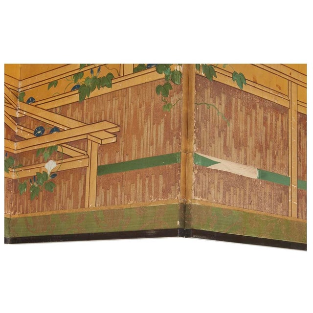 Japanese Screen Byobu Gilt Gold Poems Pair Set of Two Framed Bamboo Fence Morning Glory Flowers For Sale In Los Angeles - Image 6 of 17