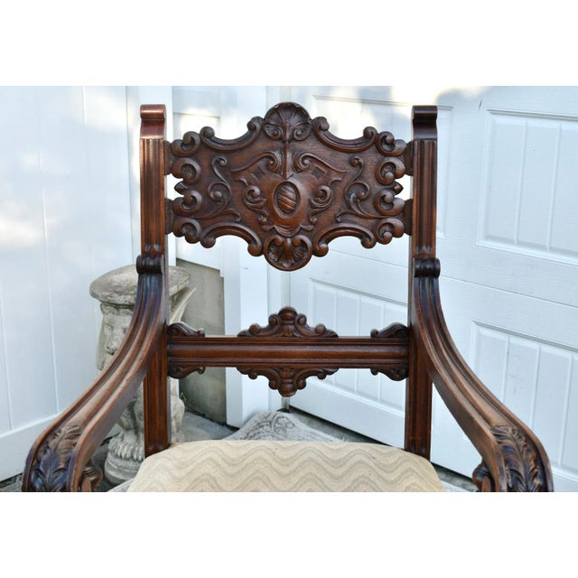 Late 19th Century Carved Walnut Tudor Armchair Jacobean Throne Chair Circa 1900 Ornate For Sale - Image 5 of 12