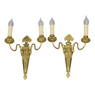 French Louis XVI Style 2-Light Gilt Bronze and Brass Sconces, Set of 2 For Sale