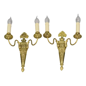 French Louis XVI Style 2-Light Gilt Bronze and Brass Sconces, Set of 2