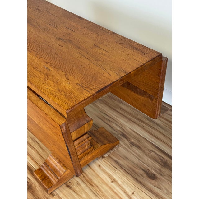 Vintage Solid Wood Tuscan Farmhouse Style Drop Leaf Trestle Table For Sale - Image 10 of 17
