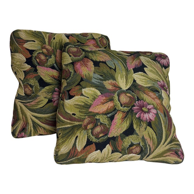 Pair of Woven Tapestry Floral Pillows For Sale