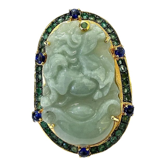 Bochic “Orient” Vintage Jade, Sapphire, Emerald Cocktail Ring Set in 18k Gold & Silver Size 5 For Sale