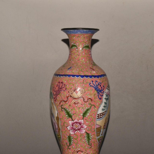Metal Vintage Chinese Gilt Copper Enamel "Lady & Boy" Figural Vase, Qianlong Mark - 634g For Sale - Image 7 of 9