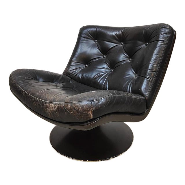 Vintage Dutch Black Leather Swivel Chair F976 by Geoffrey Harcourt for Artifort, 1970s For Sale