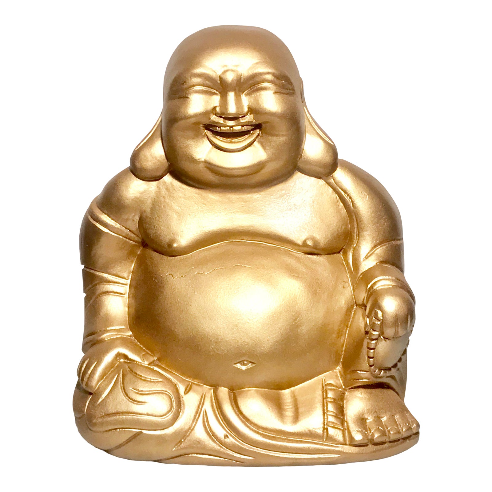 Vintage Chinese Band Carved Solid Wooden ‘ Gold Fat Happy Buddha