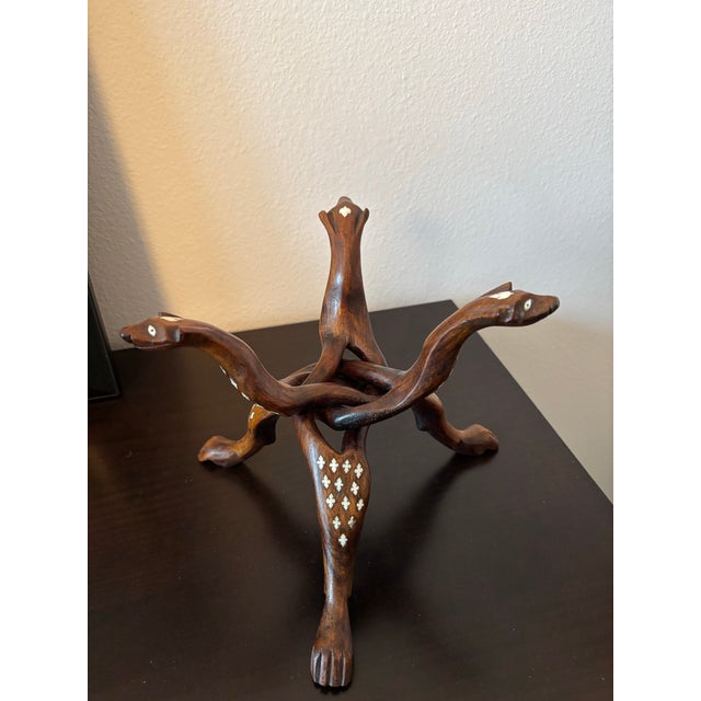 Folk Art Exceptional 1930s Hand‑Carved Rosewood Snake Tripod Stand W/Bone Inlay For Sale - Image 3 of 5