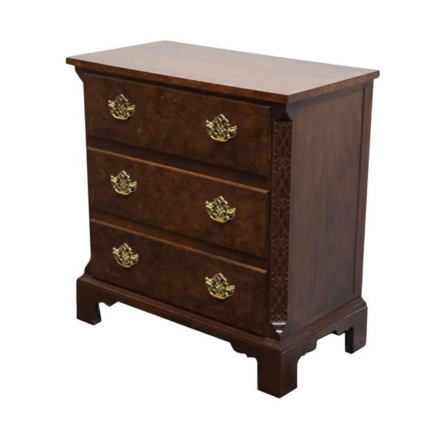 BAKER FURNITURE Solid Burled Walnut Traditional Chippendale Style 30" Three Drawer Nightstand 31.25" High 30" Wide 14"...