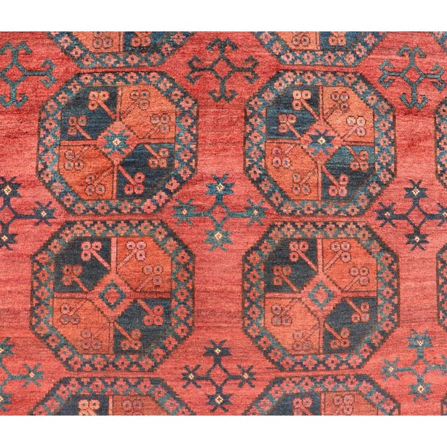 Early 20th Century Early 20th Century Hand-Knotted Turkomen Ersari Rug in Wool With Gul Design in Red, Orange and Blue For Sale - Image 5 of 13