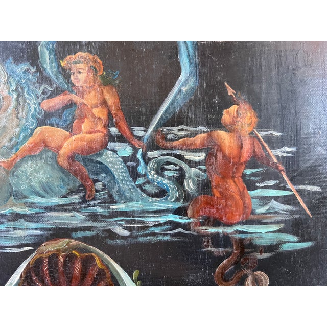 Italian "Pompeian Revival" Style Gilt Framed Oil on Canvas Painting of Putti Riding on Sea Unicorn After Giovanni Gallo For Sale - Image 10 of 11