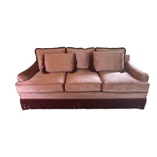 Dusty Rose Velvet Sofa With Samuel & Sons Burgundy Brush & Bullion Fringe Trim For Sale