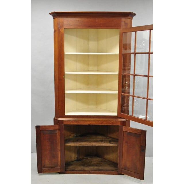 Late 19th Century Antique Colonial Primitive Cherry Wood Glass Front Corner China Cabinet Cupboard For Sale - Image 5 of 18