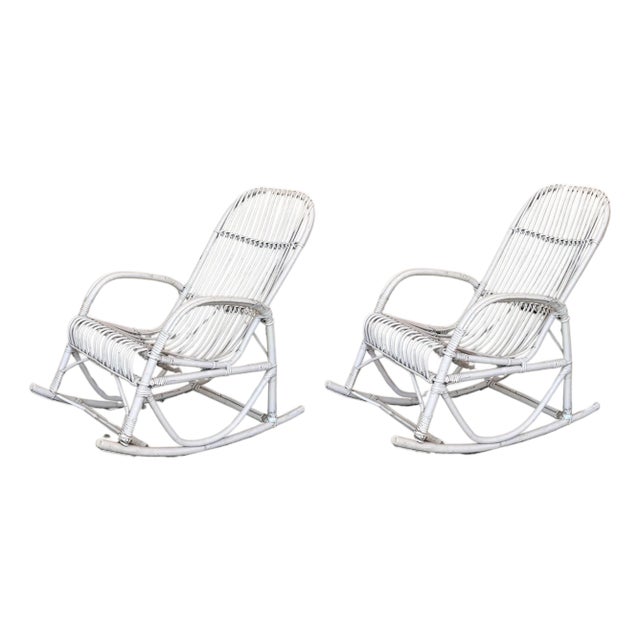 Midcentury White Bamboo Rocking Chairs in the Style of Franco Albini, Italy For Sale