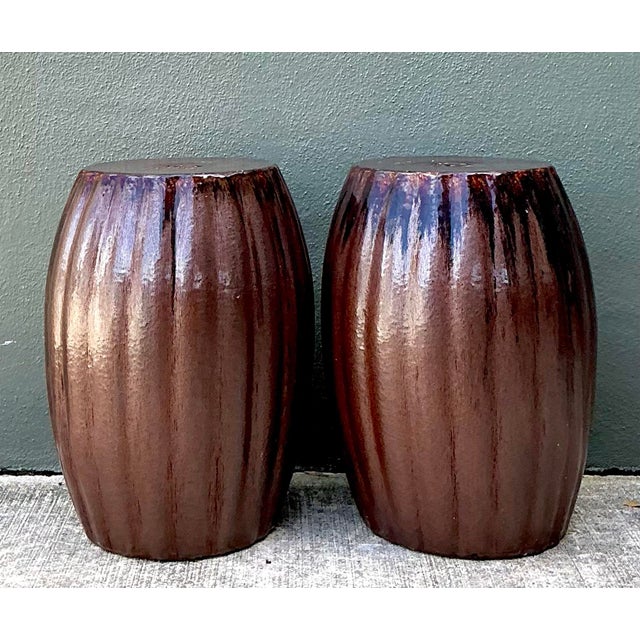Brown Vintage Glazed Ceramic Glazed Low Stools - A Pair For Sale - Image 8 of 12
