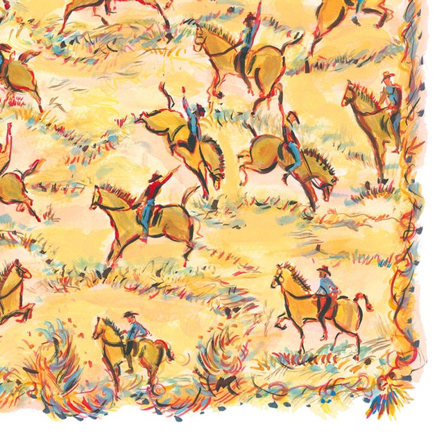 Within a square motif reminiscent of a bandana, cowboys and their horses move across the desert and tall grass landscape...