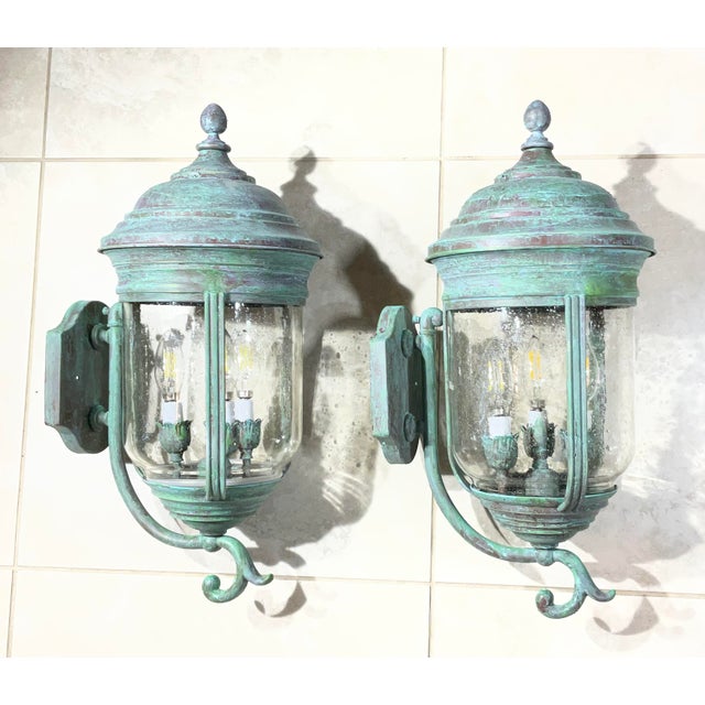 Pair of Vintage Solid Brass Wall Lanterns /Sconces 22”x10”x11”.5 For Sale - Image 14 of 16