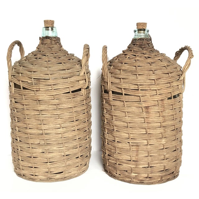 24" Made in Portugal, Antique European Rattan Carboy/Demijohn Bottles - a Pair For Sale - Image 4 of 4