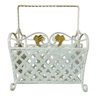 Vintage Gold & White Twisted Wrought Iron Medallion Basket Weave Magazine Rack For Sale