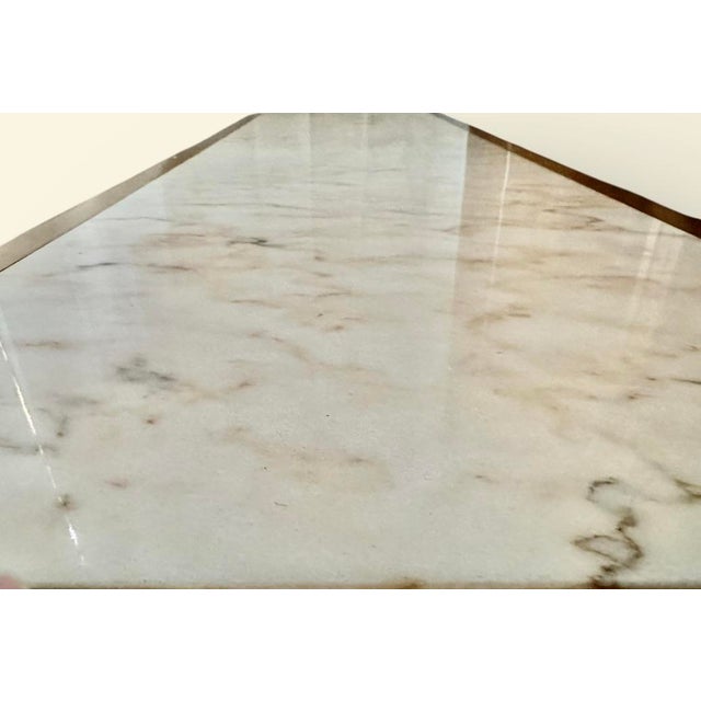 Wood Vintage 1960s Gold Gilt Wood and Calacatta Marble Neoclassical Sled Coffee Table With Carved Fleur-De-Lis Design For Sale - Image 7 of 14