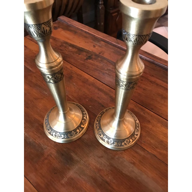 Brass Etched Candle Holders - a Pair For Sale - Image 4 of 6