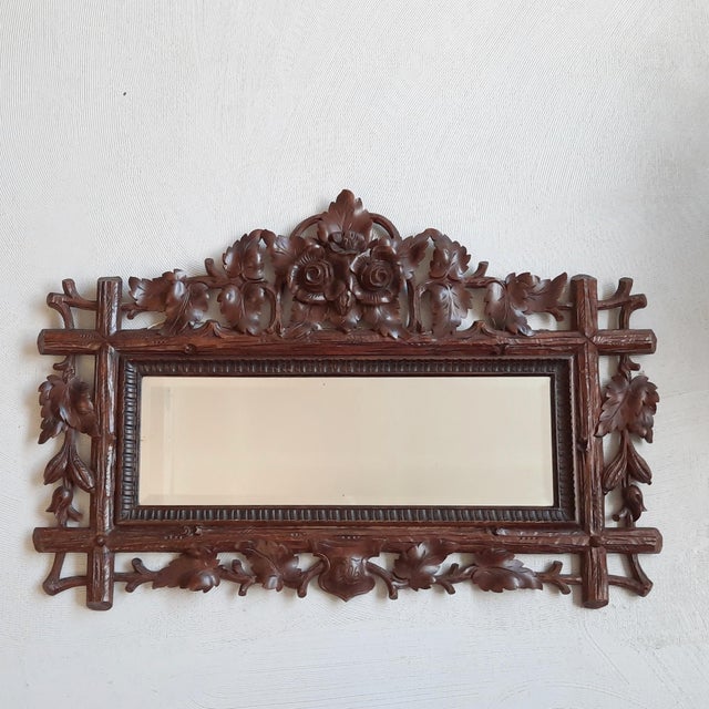 Wood Hand Carved Black Forest Wall-Mounted Mirror, 1906 For Sale - Image 7 of 7
