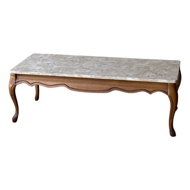 1950s French Provincial Marble and Carved Maple Coffee Table For Sale