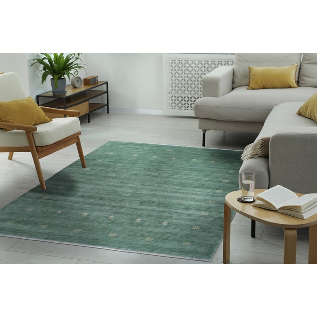 Contemporary 4x6 Laine Amara Green Minimalist Modern Handmade Wool Carpet Rug For Sale - Image 3 of 7