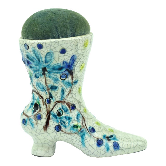 Mid 20th Century Hand Painted Craquelure Woman Boot Style Pincushion Italy For Sale