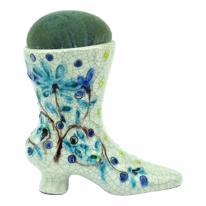 Mid 20th Century Hand Painted Craquelure Woman Boot Style Pincushion Italy