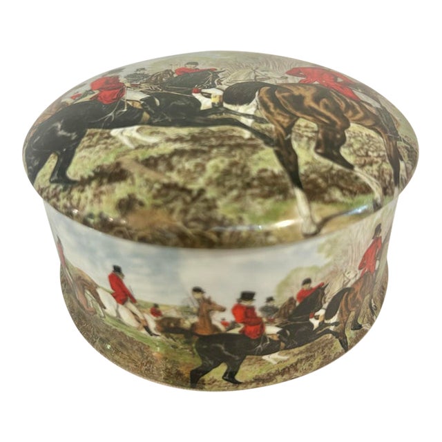 Vintage Newhall Staffordshire English Bone China Fox Hunt Equestrian Trinket Box For Sale