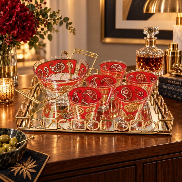 1960s 1960s Culver Red Paisley 22k Glasses Ice Bucket in Caddy With Uttermost Tray Set- 9 Pieces For Sale - Image 5 of 11