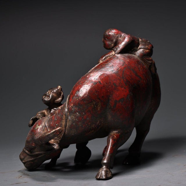 Traditional Vintage Bronze Sculpture of Boys Playing With a Water Buffalo For Sale - Image 3 of 10